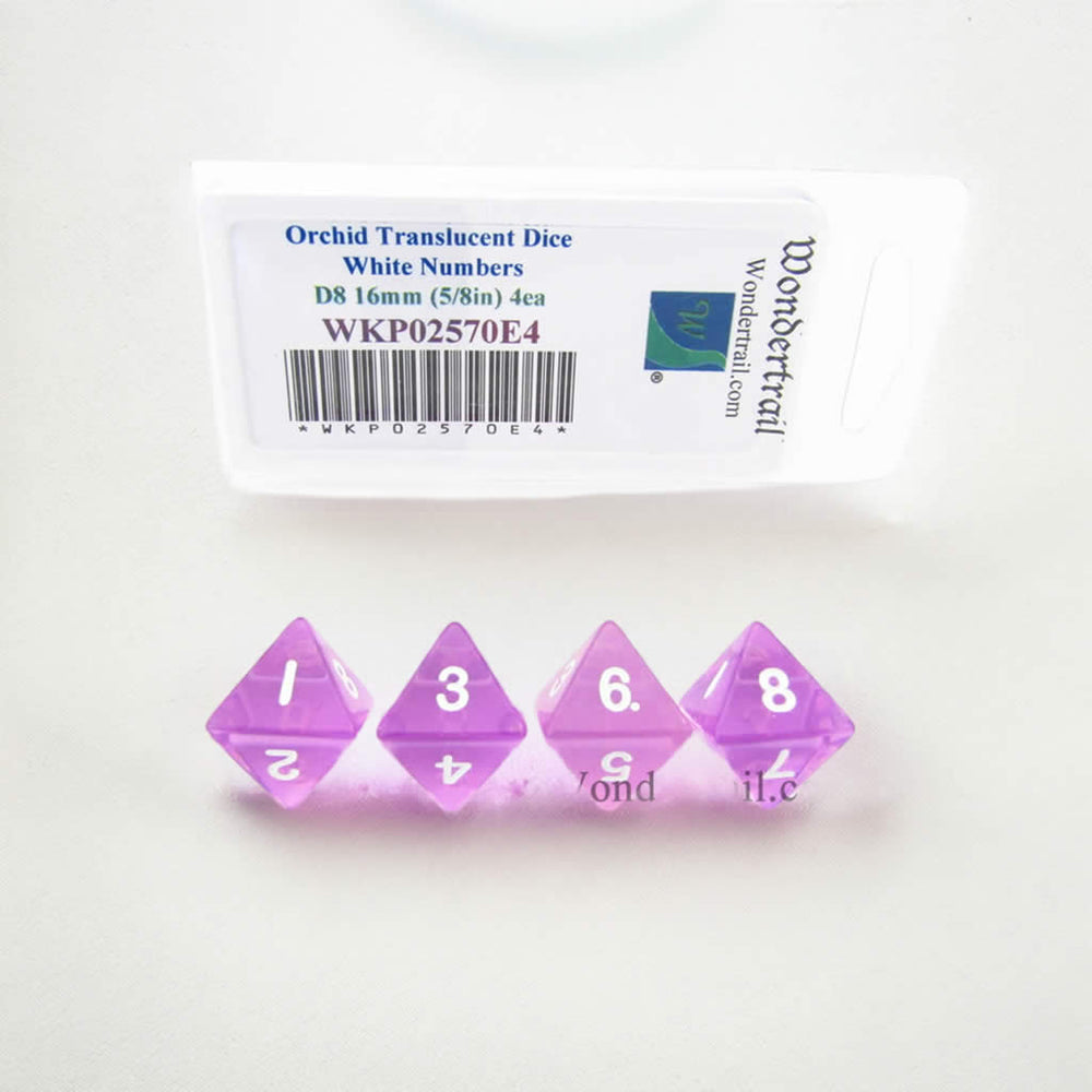 WKP02570E4 Orchid Transparent Dice White Numbers D8 16mm Pack of 4 (ONLINE ORDER ONLY)
