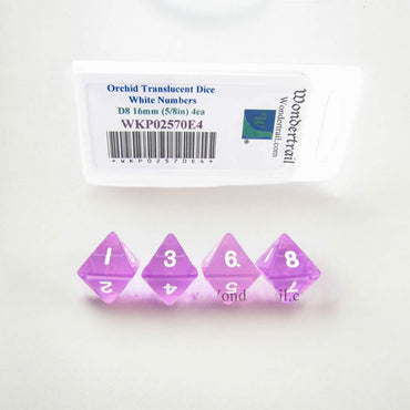 WKP02570E4 Orchid Transparent Dice White Numbers D8 16mm Pack of 4 (ONLINE ORDER ONLY)
