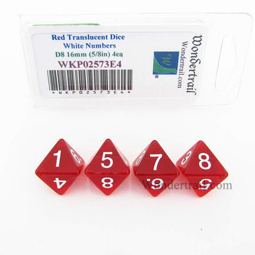 WKP02573E4 Red Transparent Dice White Numbers D8 16mm Pack of 4 (ONLINE ORDER ONLY)