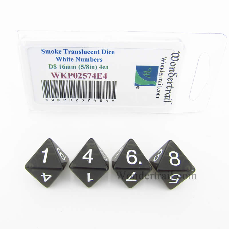 WKP02574E4 Smoke Transparent Dice White Numbers D8 16mm Pack of 4 (ONLINE ORDER ONLY)