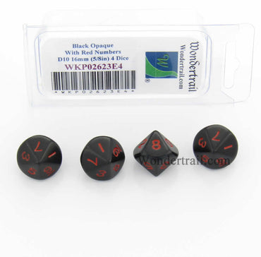WKP02623E4 Black Opaque Dice Red Numbers D10 16mm (5/8in) Pack of 4 (ONLINE ORDER ONLY)
