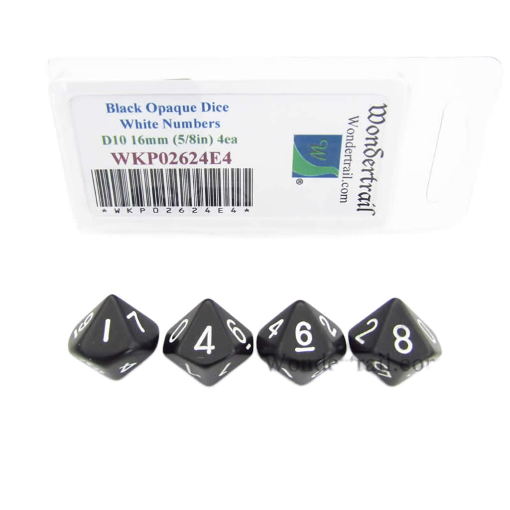 WKP02624E4 Black Opaque Dice White Numbers D10 16mm Pack of 4 (ONLINE ORDER ONLY)