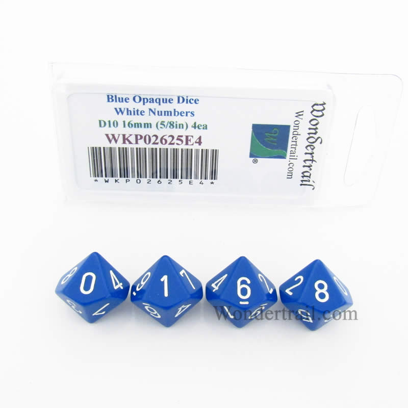 WKP02625E4 Blue Opaque Dice White Numbers D10 16mm (5/8in) Pack of 4 (ONLINE ORDER ONLY)