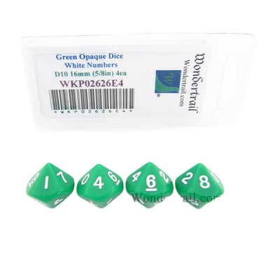 WKP02626E4 Green Opaque Dice with White Numbers D10 16mm (5/8in) Pack of 4 Dice (ONLINE ORDER ONLY)