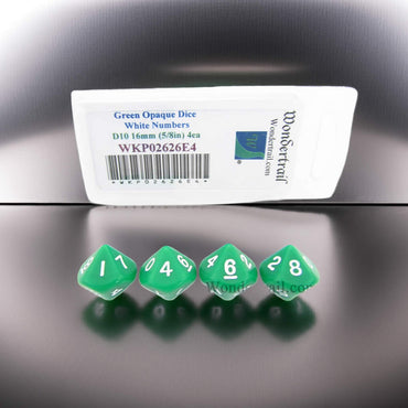WKP02626E4 Green Opaque Dice with White Numbers D10 16mm (5/8in) Pack of 4 Dice (ONLINE ORDER ONLY)