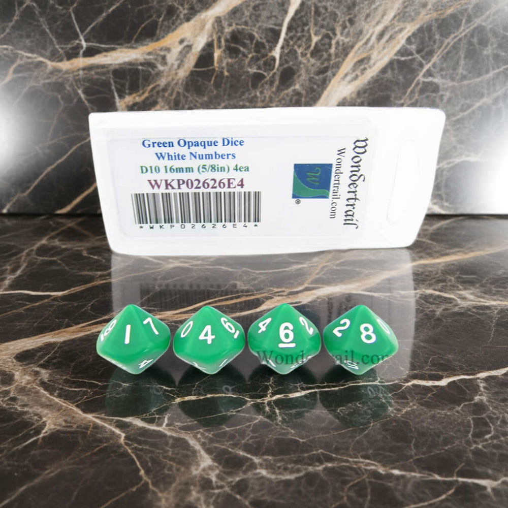 WKP02626E4 Green Opaque Dice with White Numbers D10 16mm (5/8in) Pack of 4 Dice (ONLINE ORDER ONLY)