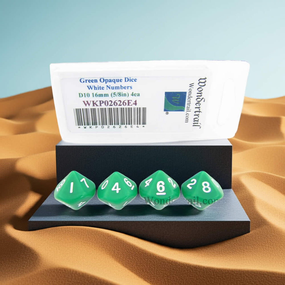WKP02626E4 Green Opaque Dice with White Numbers D10 16mm (5/8in) Pack of 4 Dice (ONLINE ORDER ONLY)