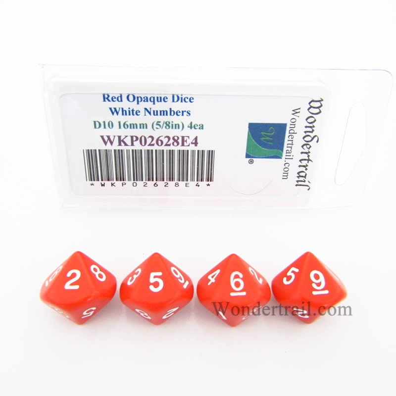 WKP02628E4 Red Opaque Dice White Numbers D10 16mm (5/8in) Pack of 4 (ONLINE ORDER ONLY)