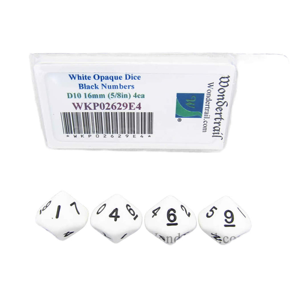 WKP02629E4 White Opaque Dice with Black Numbers D10 16mm (5/8in) Pack of 4 Dice (ONLINE ORDER ONLY)