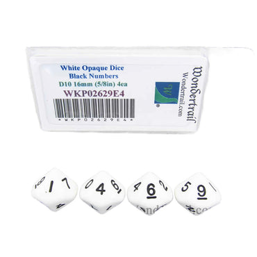 WKP02629E4 White Opaque Dice with Black Numbers D10 16mm (5/8in) Pack of 4 Dice (ONLINE ORDER ONLY)