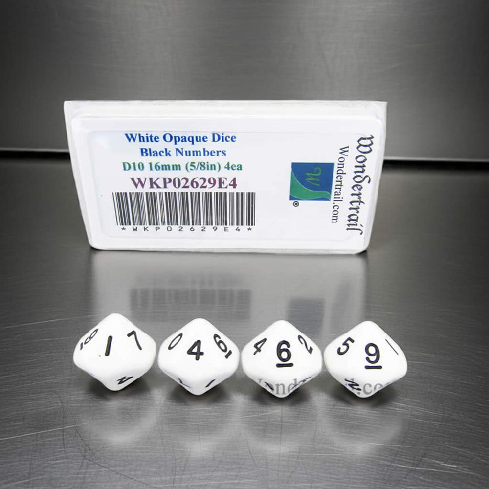 WKP02629E4 White Opaque Dice with Black Numbers D10 16mm (5/8in) Pack of 4 Dice (ONLINE ORDER ONLY)