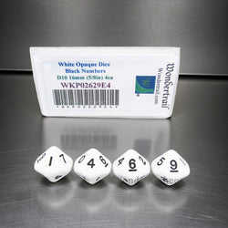 WKP02629E4 White Opaque Dice with Black Numbers D10 16mm (5/8in) Pack of 4 Dice (ONLINE ORDER ONLY)