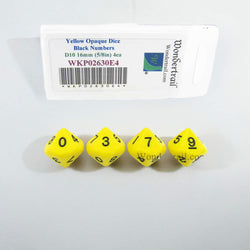 WKP02630E4 Yellow Opaque Dice Black Numbers D10 16mm Pack of 4 (ONLINE ORDER ONLY)