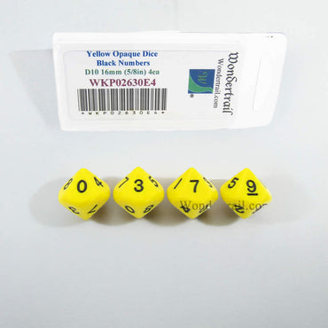 WKP02630E4 Yellow Opaque Dice Black Numbers D10 16mm Pack of 4 (ONLINE ORDER ONLY)