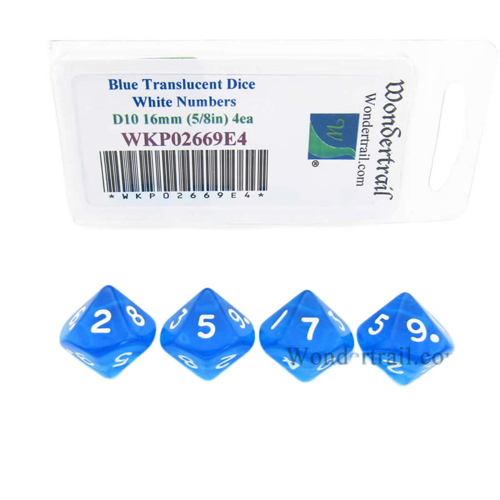 WKP02669E4 Blue Transparent Dice with White Numbers D10 16mm (5/8in) Pack of 4 Dice (ONLINE ORDER ONLY)