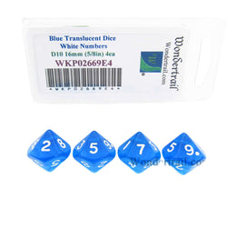 WKP02669E4 Blue Transparent Dice with White Numbers D10 16mm (5/8in) Pack of 4 Dice (ONLINE ORDER ONLY)