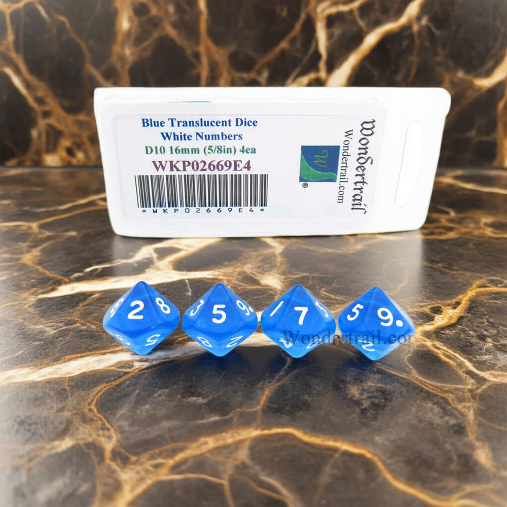 WKP02669E4 Blue Transparent Dice with White Numbers D10 16mm (5/8in) Pack of 4 Dice (ONLINE ORDER ONLY)