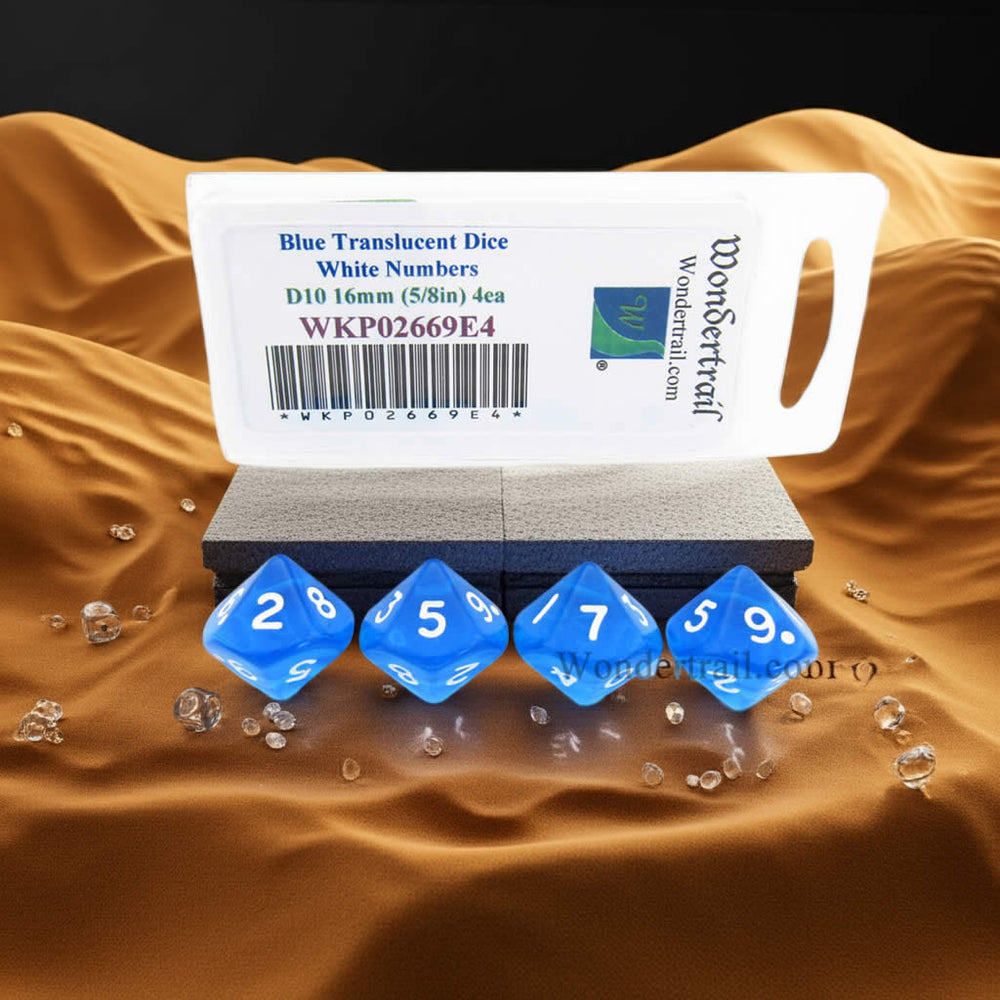 WKP02669E4 Blue Transparent Dice with White Numbers D10 16mm (5/8in) Pack of 4 Dice (ONLINE ORDER ONLY)