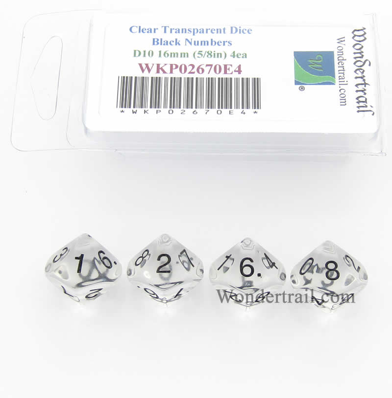 WKP02670E4 Clear Transparent Dice Black Numbers D10 16mm Pack of 4 (ONLINE ORDER ONLY)