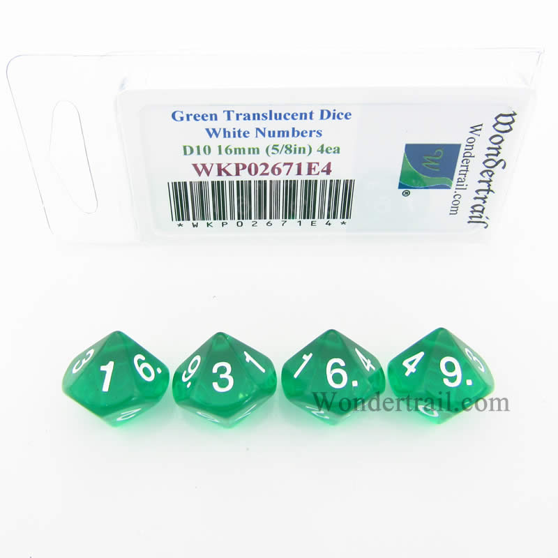 WKP02671E4 Green Transparent Dice White Numbers D10 16mm Pack of 4 (ONLINE ORDER ONLY)
