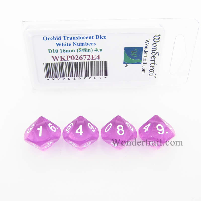 WKP02672E4 Orchid Transparent Dice White Numbers D10 16mm Pack of 4 (ONLINE ORDER ONLY)