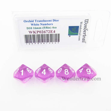 WKP02672E4 Orchid Transparent Dice White Numbers D10 16mm Pack of 4 (ONLINE ORDER ONLY)