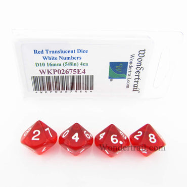 WKP02675E4 Red Transparent Dice White Numbers D10 16mm Pack of 4 (ONLINE ORDER ONLY)