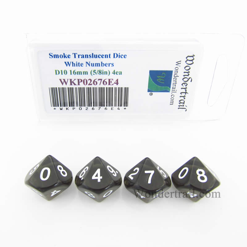 WKP02676E4 Smoke Transparent Dice White Numbers D10 16mm Pack of 4 (ONLINE ORDER ONLY)