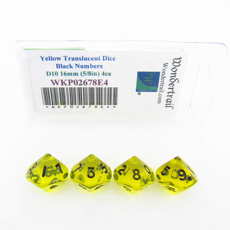 WKP02678E4 Yellow Transparent Dice Black Numbers D10 16mm Pack of 4 (ONLINE ORDER ONLY)
