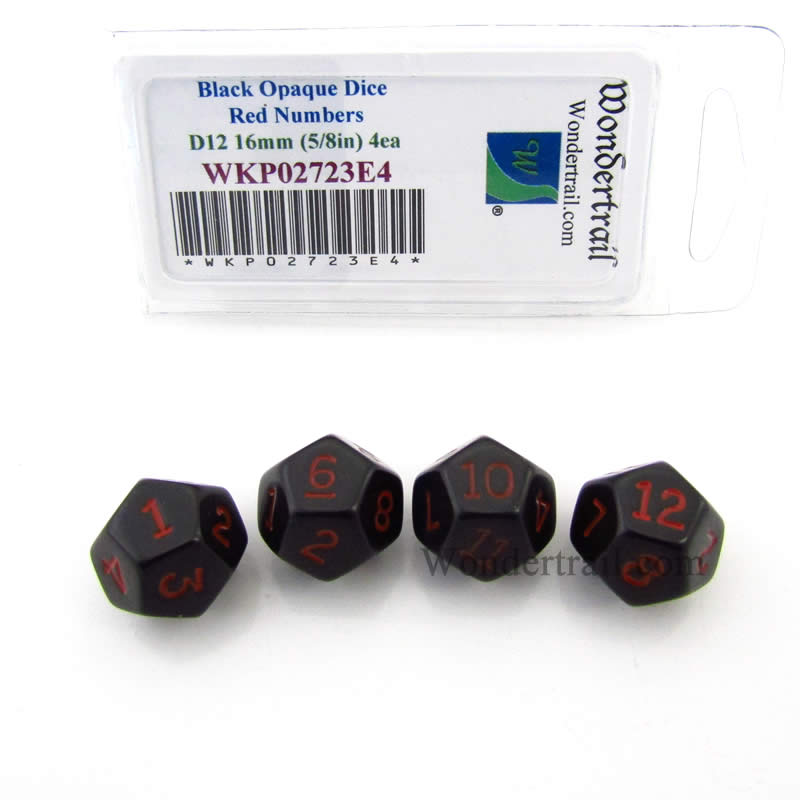 WKP02723E4 Black Opaque Dice Red Numbers D12 16mm (5/8in) Pack of 4 (ONLINE ORDER ONLY)