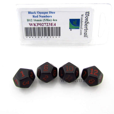 WKP02723E4 Black Opaque Dice Red Numbers D12 16mm (5/8in) Pack of 4 (ONLINE ORDER ONLY)