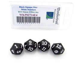WKP02724E4 Black Opaque Dice White Numbers D12 16mm (5/8in) Pack of 4 (ONLINE ORDER ONLY)