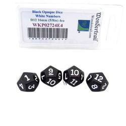 WKP02724E4 Black Opaque Dice White Numbers D12 16mm (5/8in) Pack of 4 (ONLINE ORDER ONLY)
