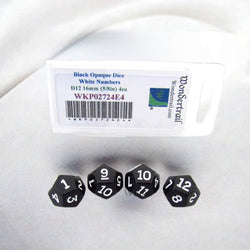 WKP02724E4 Black Opaque Dice White Numbers D12 16mm (5/8in) Pack of 4 (ONLINE ORDER ONLY)