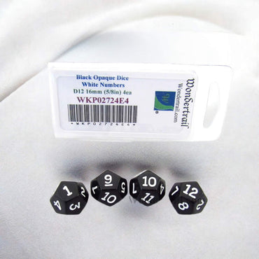 WKP02724E4 Black Opaque Dice White Numbers D12 16mm (5/8in) Pack of 4 (ONLINE ORDER ONLY)