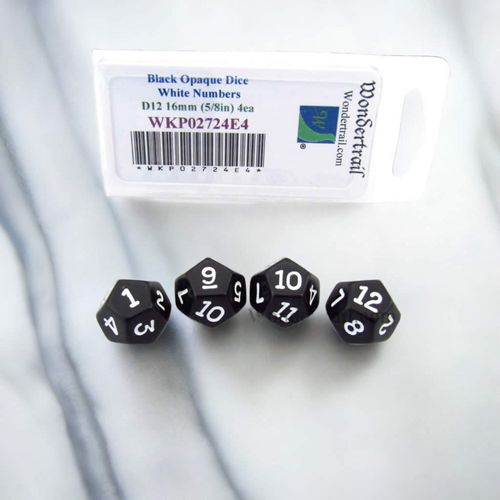 WKP02724E4 Black Opaque Dice White Numbers D12 16mm (5/8in) Pack of 4 (ONLINE ORDER ONLY)