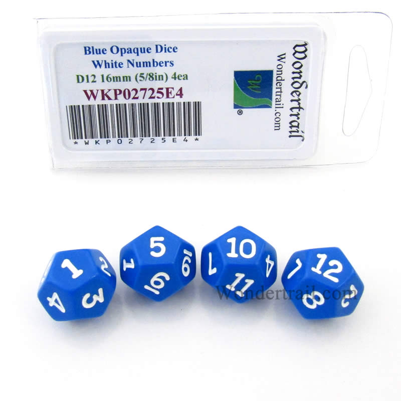 WKP02725E4 Blue Opaque Dice White Numbers D12 16mm (5/8in) Pack of 4 (ONLINE ORDER ONLY)
