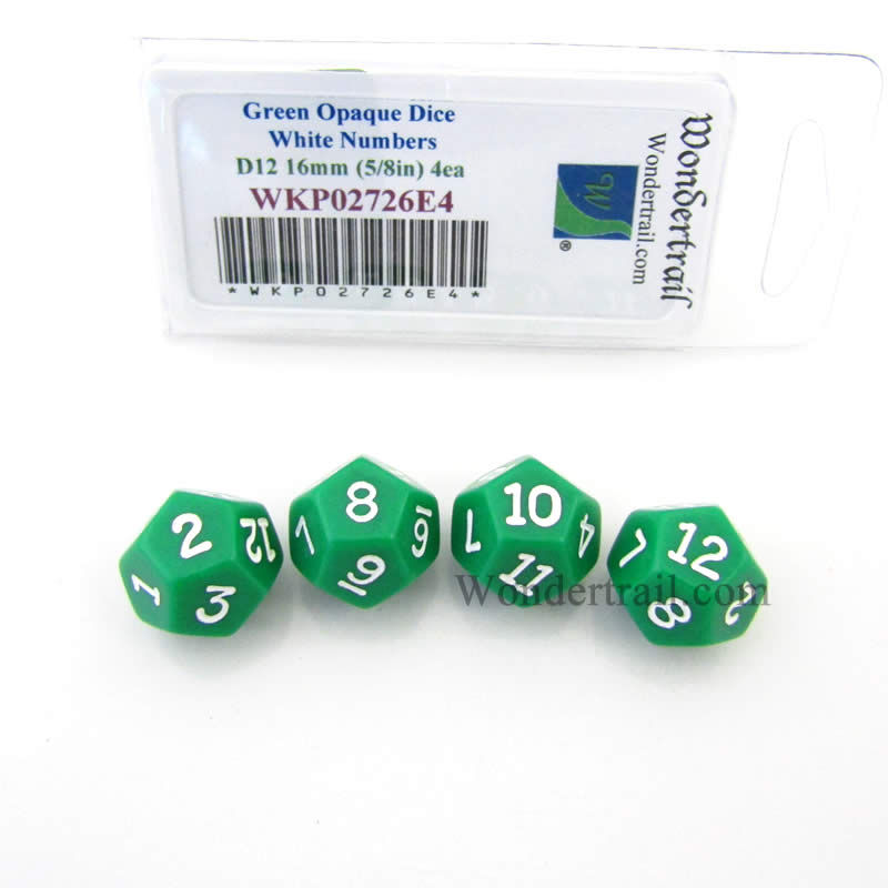 WKP02726E4 Green Opaque Dice White Numbers D12 16mm Pack of 4 (ONLINE ORDER ONLY)