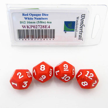 WKP02728E4 Red Opaque Dice White Numbers D12 16mm (5/8in) Pack of 4 (ONLINE ORDER ONLY)
