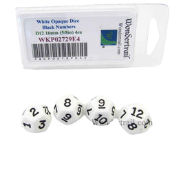 WKP02729E4 White Opaque Dice Black Numbers D12 16mm Pack of 4 (ONLINE ORDER ONLY)