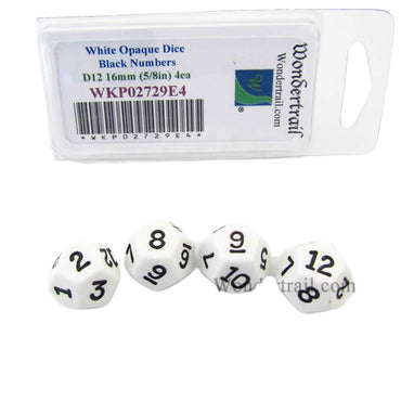 WKP02729E4 White Opaque Dice Black Numbers D12 16mm Pack of 4 (ONLINE ORDER ONLY)
