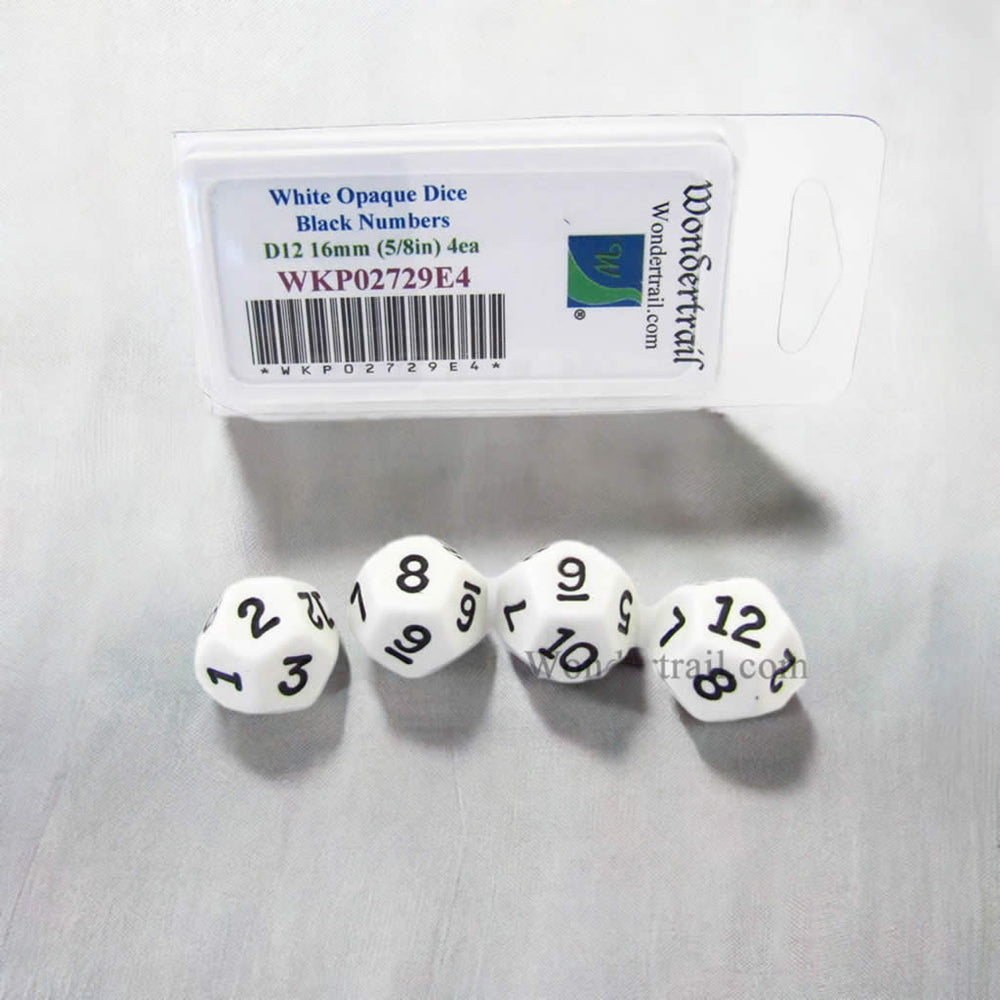 WKP02729E4 White Opaque Dice Black Numbers D12 16mm Pack of 4 (ONLINE ORDER ONLY)