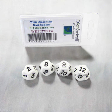 WKP02729E4 White Opaque Dice Black Numbers D12 16mm Pack of 4 (ONLINE ORDER ONLY)