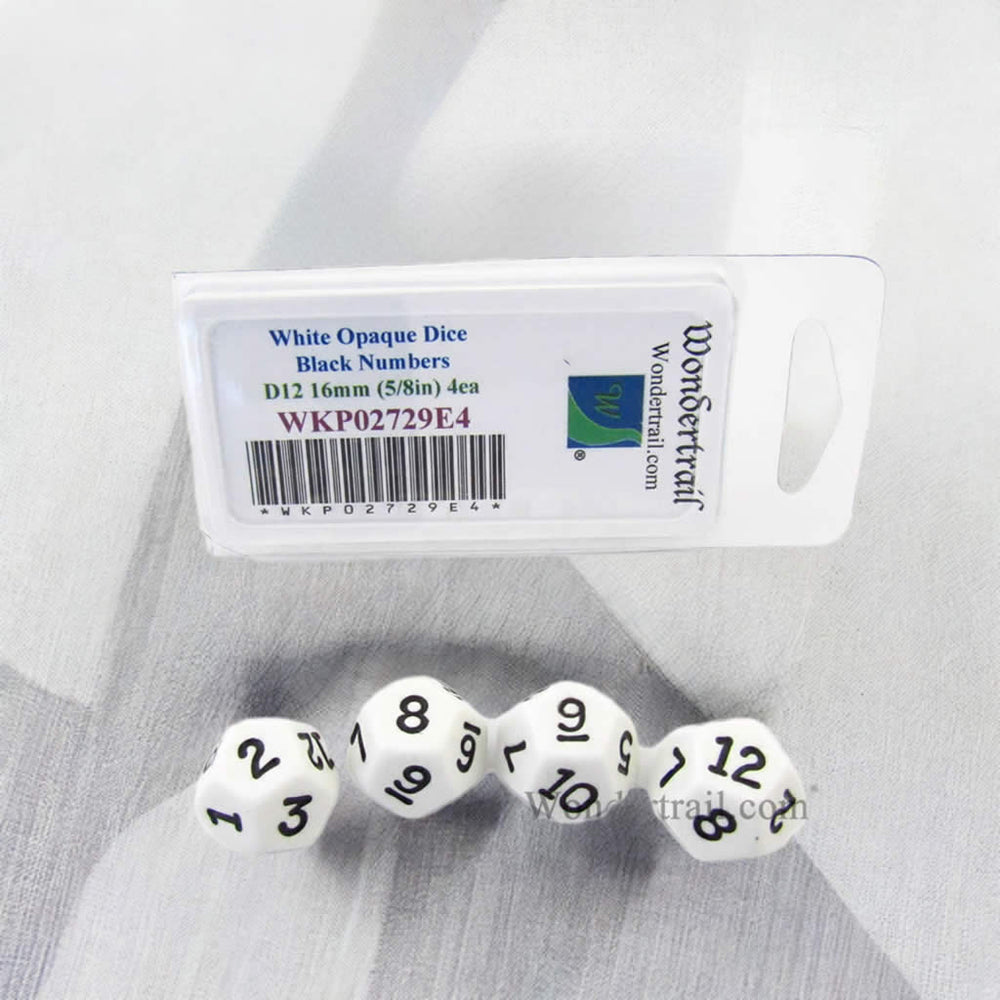 WKP02729E4 White Opaque Dice Black Numbers D12 16mm Pack of 4 (ONLINE ORDER ONLY)