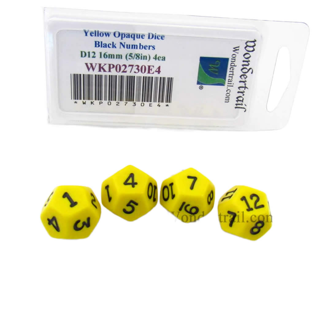 WKP02730E4 Yellow Opaque Dice with Black Numbers D12 16mm (5/8in) Pack of 4 Dice (ONLINE ORDER ONLY)