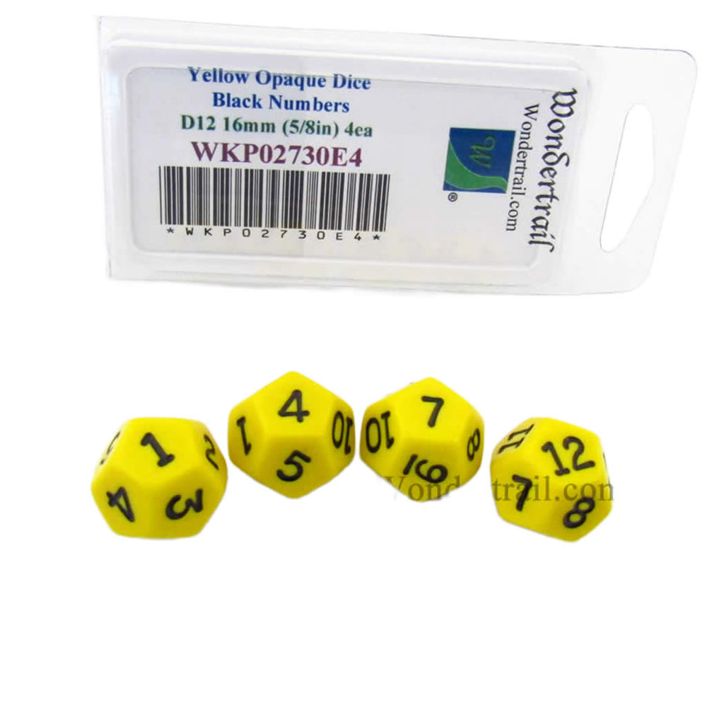WKP02730E4 Yellow Opaque Dice with Black Numbers D12 16mm (5/8in) Pack of 4 Dice (ONLINE ORDER ONLY)