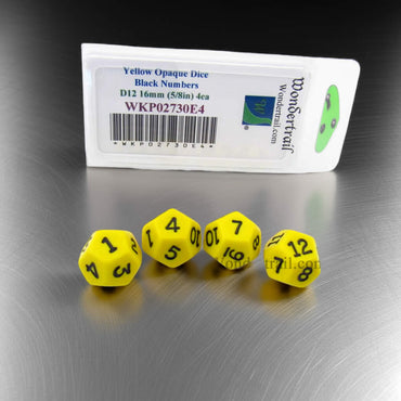 WKP02730E4 Yellow Opaque Dice with Black Numbers D12 16mm (5/8in) Pack of 4 Dice (ONLINE ORDER ONLY)