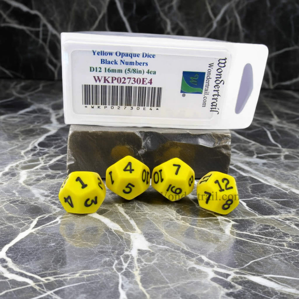 WKP02730E4 Yellow Opaque Dice with Black Numbers D12 16mm (5/8in) Pack of 4 Dice (ONLINE ORDER ONLY)