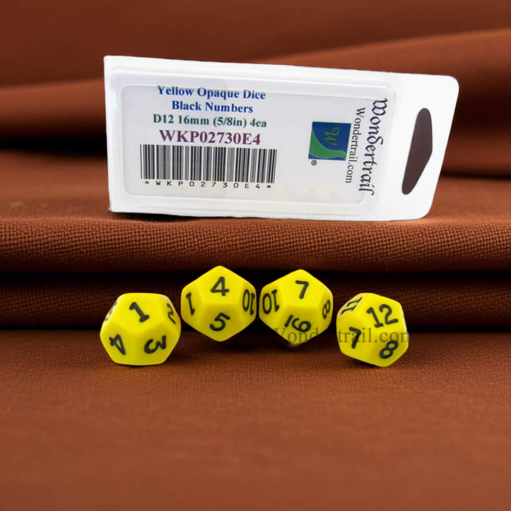 WKP02730E4 Yellow Opaque Dice with Black Numbers D12 16mm (5/8in) Pack of 4 Dice (ONLINE ORDER ONLY)