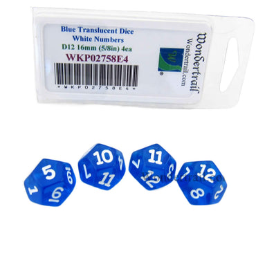 WKP02758E4 Blue Transparent Dice with White Numbers D12 16mm (5/8in) Pack of 4 Dice (ONLINE ORDER ONLY)